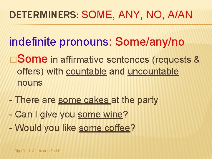 DETERMINERS: SOME, ANY, NO, A/AN indefinite pronouns: Some/any/no �Some in affirmative sentences (requests &