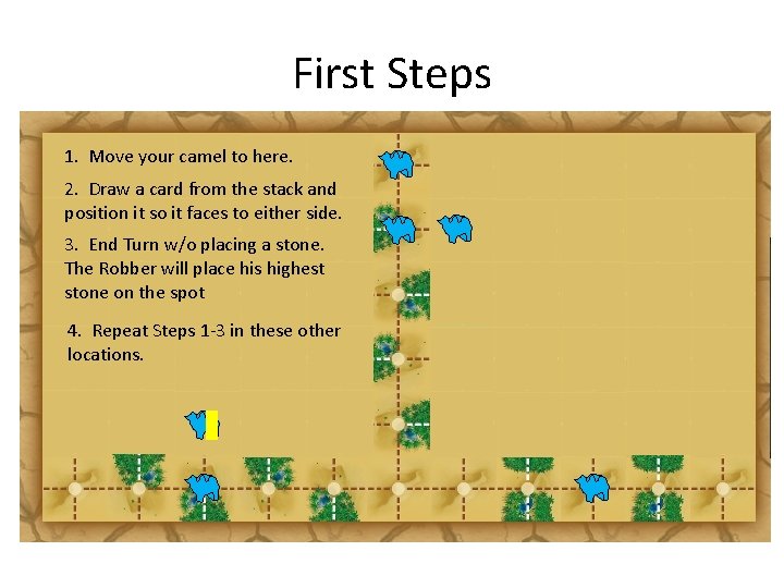 First Steps 1. Move your camel to here. 2. Draw a card from the
