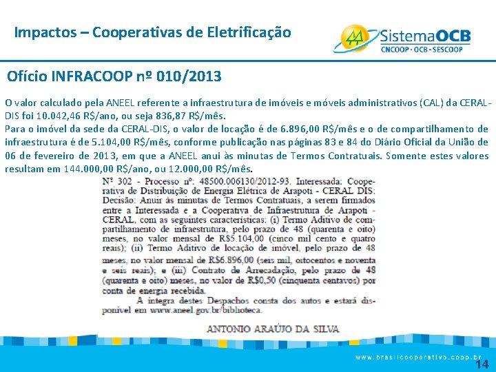 Impactos – Cooperativas de Eletrificação Ofício INFRACOOP nº 010/2013 O valor calculado pela ANEEL