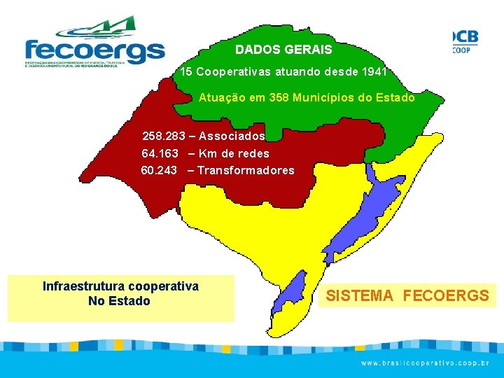 DADOS GERAIS 15 Cooperativas atuando desde 1941 Atuação em 358 Municípios do Estado 258.