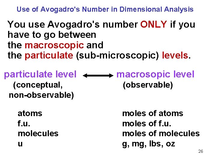 Use of Avogadro's Number in Dimensional Analysis You use Avogadro's number ONLY if you