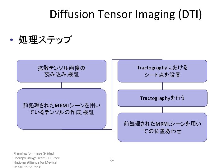 Diffusion Tensor Imaging (DTI) • 処理ステップ Tractographyにおける シード点を設置 拡散テンソル画像の 読み込み, 検証 Tractographyを行う 前処理されたMRMLシーンを用い ているテンソルの作成,