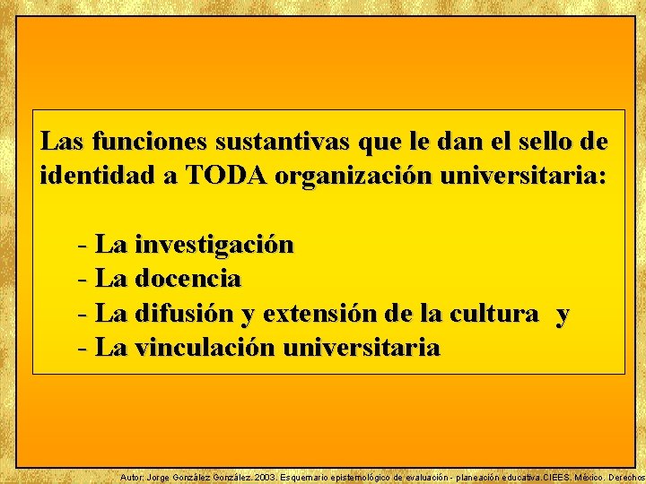 Las funciones sustantivas que le dan el sello de identidad a TODA organización universitaria: