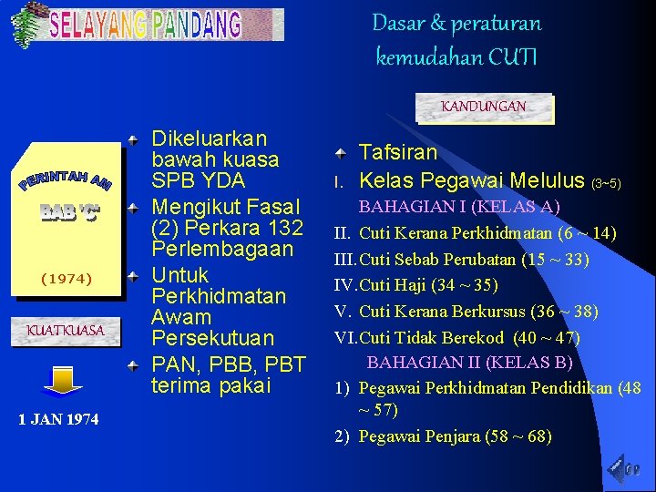 Dasar & peraturan kemudahan CUTI KANDUNGAN (1974) KUATKUASA 1 JAN 1974 Dikeluarkan bawah kuasa