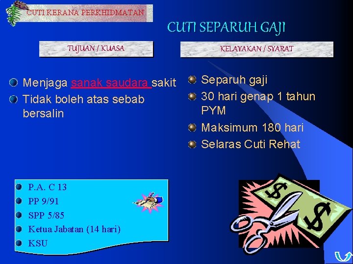 CUTI KERANA PERKHIDMATAN CUTI SEPARUH GAJI TUJUAN / KUASA Menjaga sanak saudara sakit Tidak