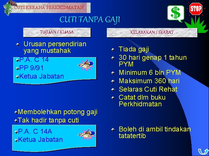 CUTI KERANA PERKHIDMATAN CUTI TANPA GAJI TUJUAN / KUASA Urusan persendirian yang mustahak P.