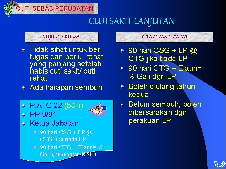 CUTI SEBAB PERUBATAN CUTI SAKIT LANJUTAN TUJUAN / KUASA Tidak sihat untuk bertugas dan