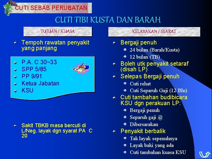 CUTI SEBAB PERUBATAN CUTI TIBI KUSTA DAN BARAH TUJUAN / KUASA KELAYAKAN / SYARAT