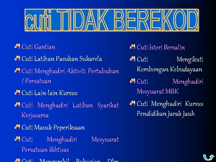 Cuti Gantian Cuti Latihan Pasukan Sukarela Cuti Menghadiri Aktiviti Pertubuhan / Persatuan Cuti Lain-lain