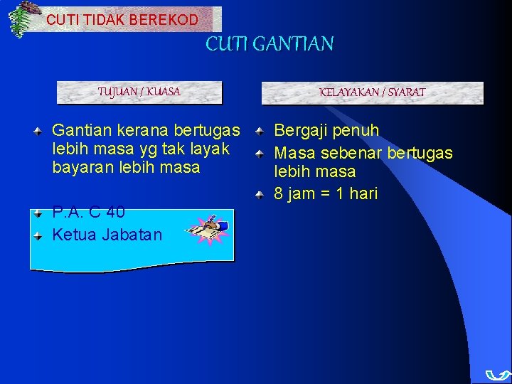 CUTI TIDAK BEREKOD CUTI GANTIAN TUJUAN / KUASA Gantian kerana bertugas lebih masa yg