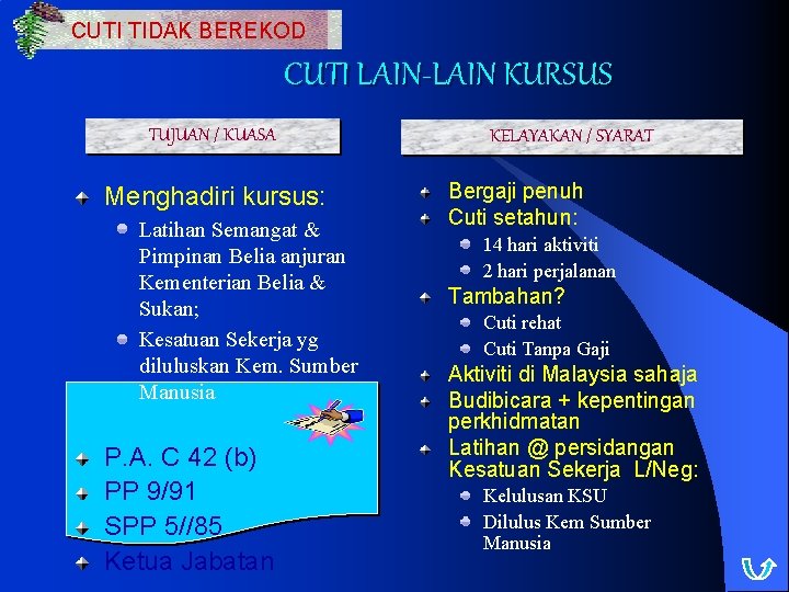 CUTI TIDAK BEREKOD CUTI LAIN-LAIN KURSUS TUJUAN / KUASA Menghadiri kursus: Latihan Semangat &