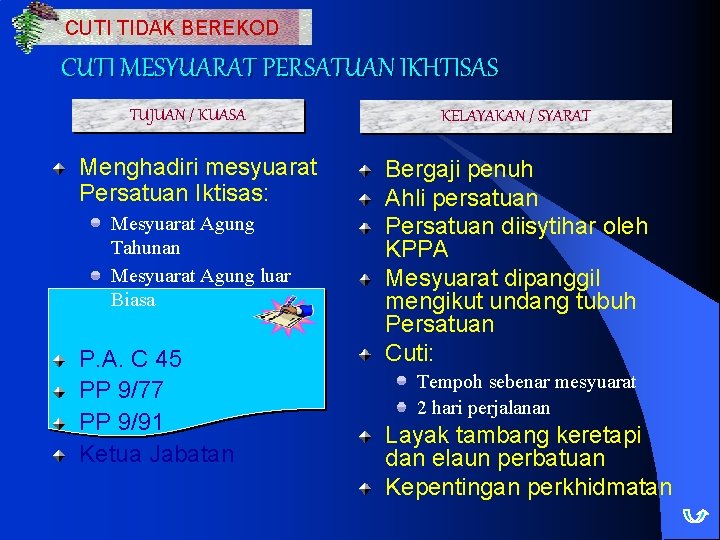 CUTI TIDAK BEREKOD CUTI MESYUARAT PERSATUAN IKHTISAS TUJUAN / KUASA Menghadiri mesyuarat Persatuan Iktisas: