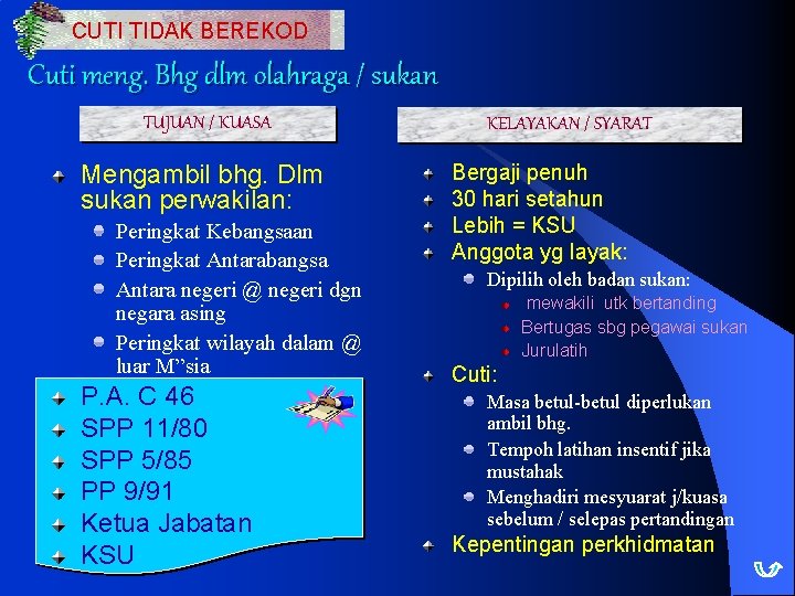 CUTI TIDAK BEREKOD Cuti meng. Bhg dlm olahraga / sukan TUJUAN / KUASA Mengambil