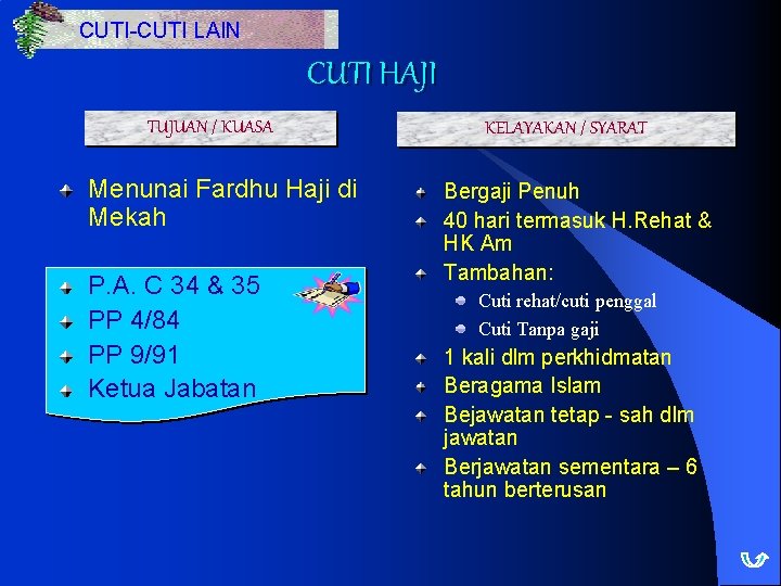 CUTI-CUTI LAIN CUTI HAJI TUJUAN / KUASA Menunai Fardhu Haji di Mekah P. A.