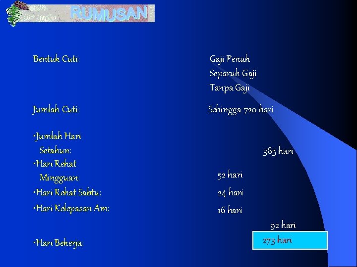 Bentuk Cuti: Gaji Penuh Separuh Gaji Tanpa Gaji Jumlah Cuti: Sehingga 720 hari •