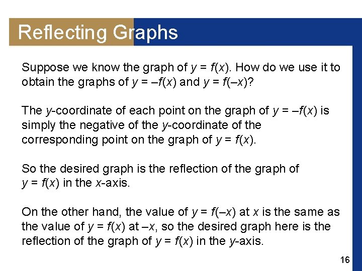 Reflecting Graphs Suppose we know the graph of y = f (x). How do
