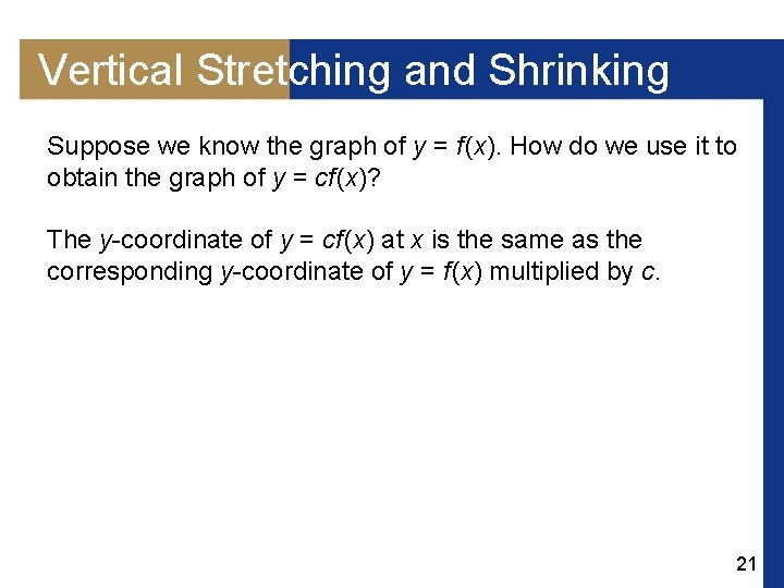 Vertical Stretching and Shrinking Suppose we know the graph of y = f (x).