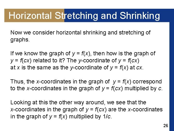 Horizontal Stretching and Shrinking Now we consider horizontal shrinking and stretching of graphs. If