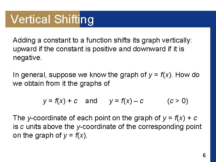 Vertical Shifting Adding a constant to a function shifts its graph vertically: upward if