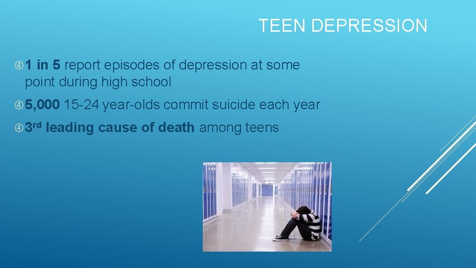 TEEN DEPRESSION 1 in 5 report episodes of depression at some point during high