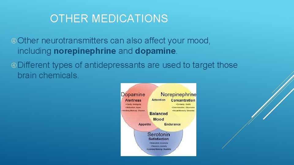 OTHER MEDICATIONS Other neurotransmitters can also affect your mood, including norepinephrine and dopamine. Different