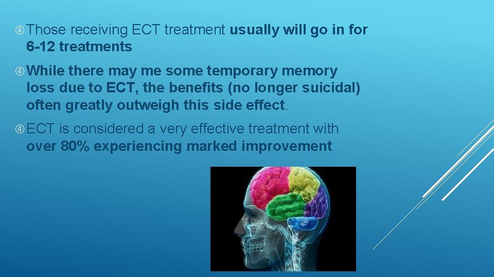  Those receiving ECT treatment usually will go in for 6 -12 treatments While