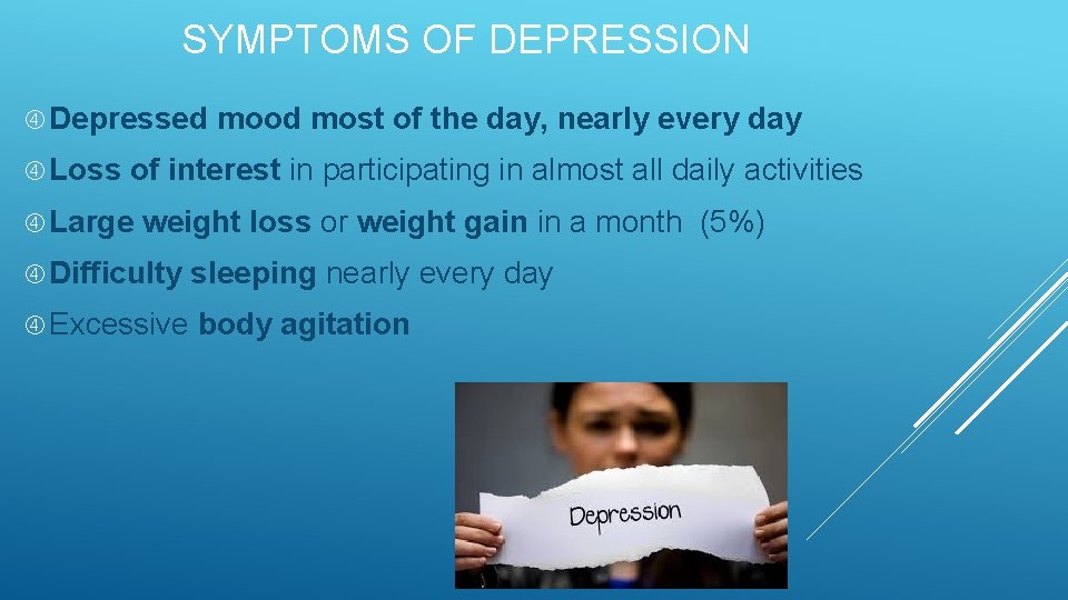 SYMPTOMS OF DEPRESSION Depressed Loss mood most of the day, nearly every day of