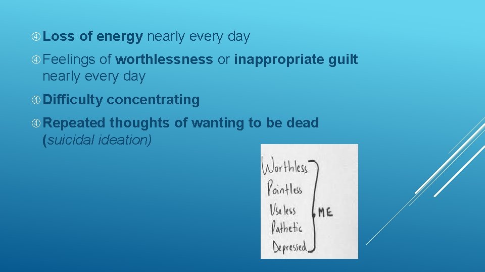  Loss of energy nearly every day Feelings of worthlessness or inappropriate guilt nearly