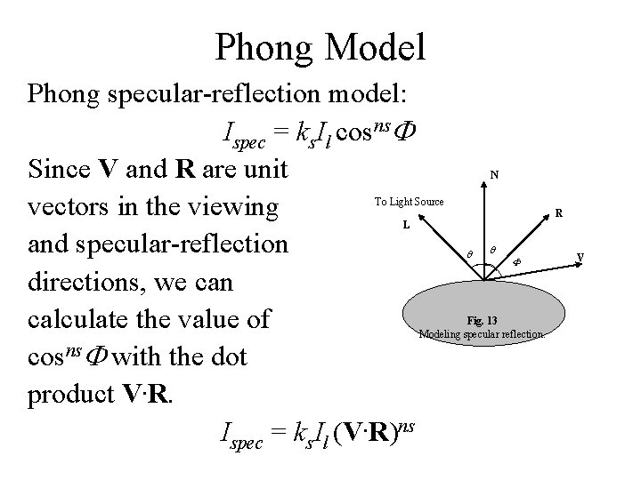 Phong Model Phong specular-reflection model: Ispec = ks. Il cosns Since V and R