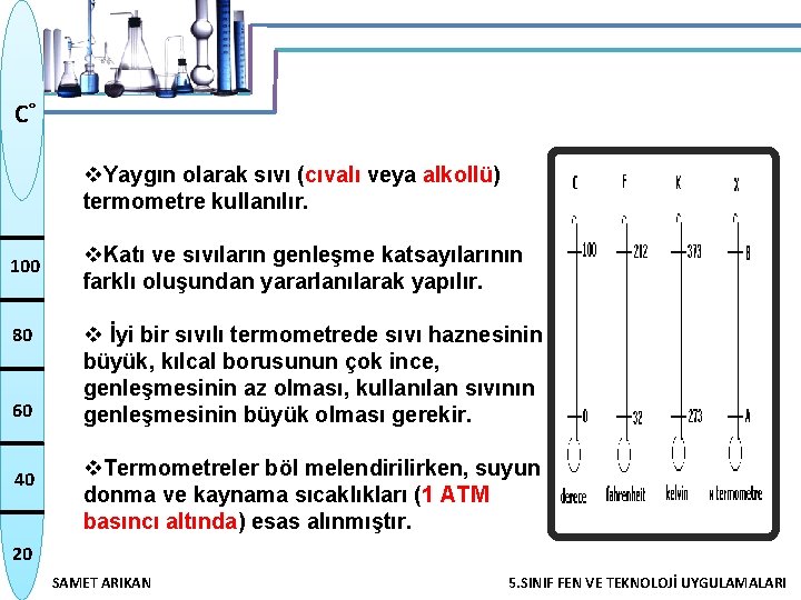 C˚ v. Yaygın olarak sıvı (cıvalı veya alkollü) termometre kullanılır. 100 80 60 40