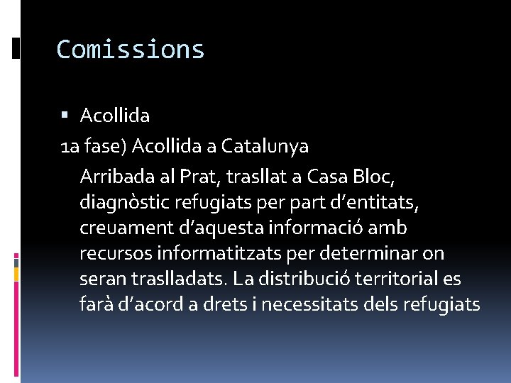 Comissions Acollida 1 a fase) Acollida a Catalunya Arribada al Prat, trasllat a Casa