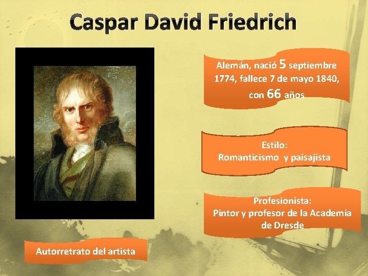 Caspar David Friedrich Alemán, nació 5 septiembre 1774, fallece 7 de mayo 1840, con