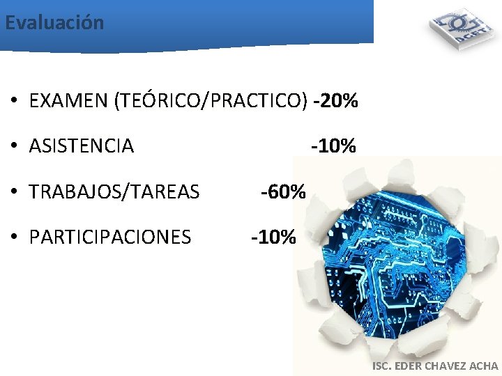 Evaluación • EXAMEN (TEÓRICO/PRACTICO) -20% • ASISTENCIA • TRABAJOS/TAREAS • PARTICIPACIONES -10% -60% -10%