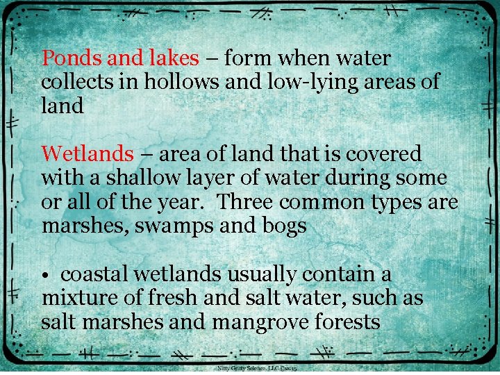 Ponds and lakes – form when water collects in hollows and low-lying areas of