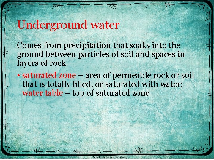 Underground water Comes from precipitation that soaks into the ground between particles of soil