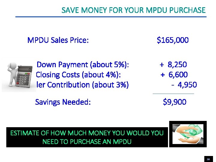 SAVE MONEY FOR YOUR MPDU PURCHASE MPDU Sales Price: Down Payment (about 5%): Closing