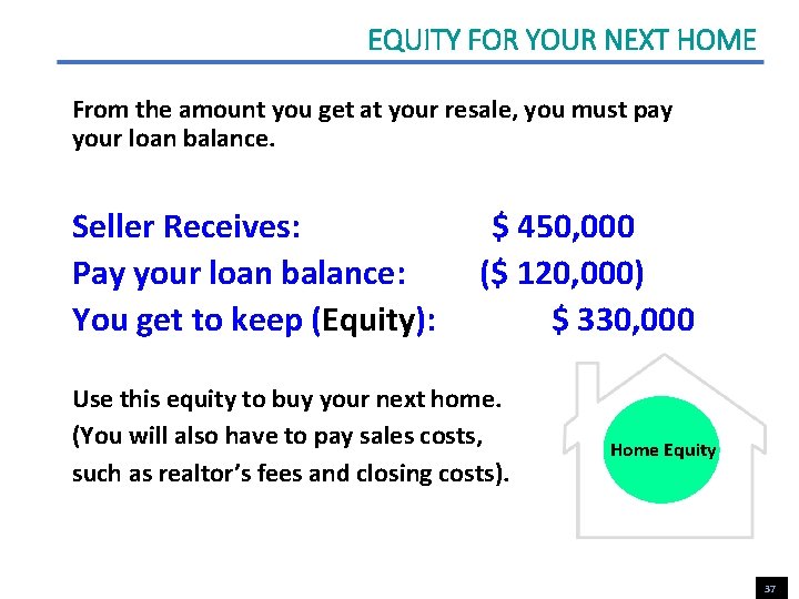 EQUITY FOR YOUR NEXT HOME From the amount you get at your resale, you