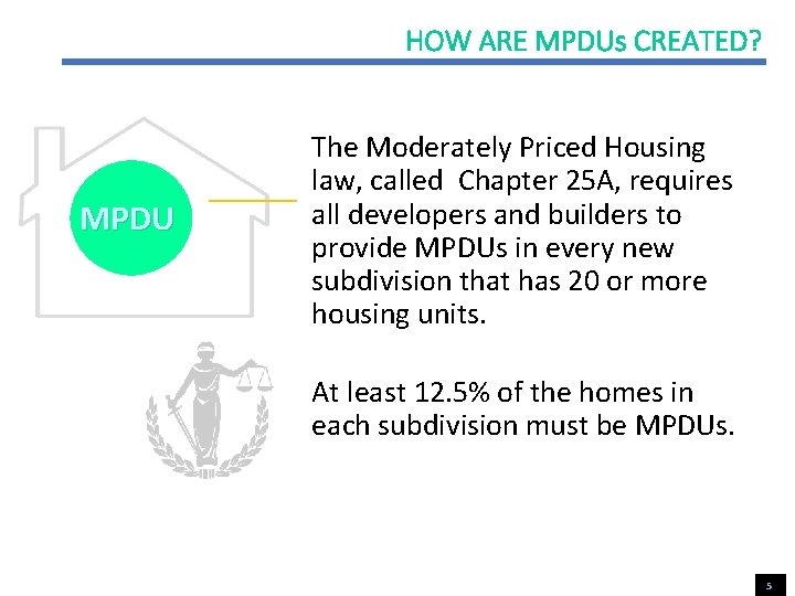 HOW ARE MPDUs CREATED? MPDU The Moderately Priced Housing law, called Chapter 25 A,