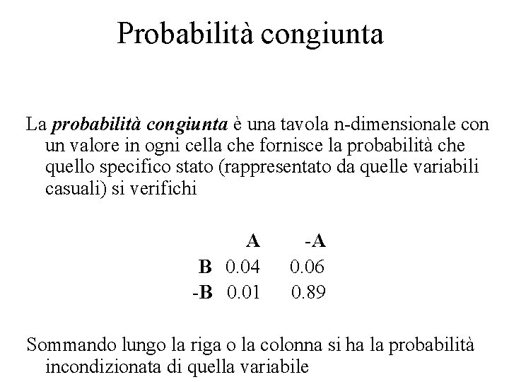 Probabilità congiunta La probabilità congiunta è una tavola n-dimensionale con un valore in ogni