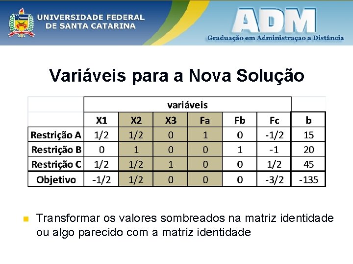 Variáveis para a Nova Solução n Transformar os valores sombreados na matriz identidade ou