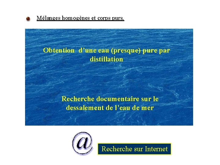 Mélanges homogènes et corps purs. Obtention d’une eau (presque) pure par distillation Recherche documentaire