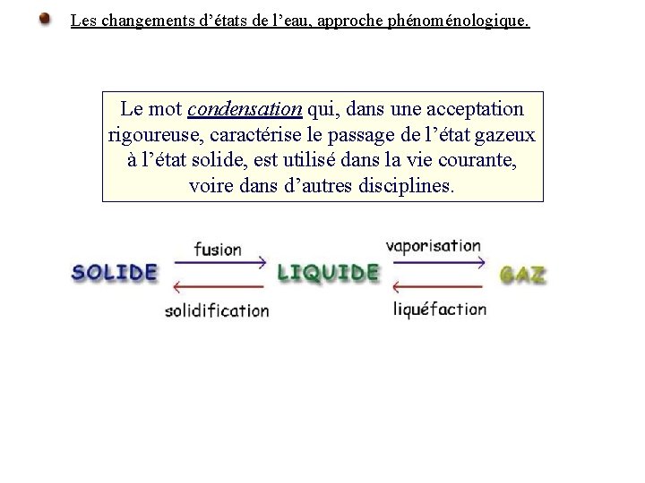 Les changements d’états de l’eau, approche phénoménologique. Le mot condensation qui, dans une acceptation