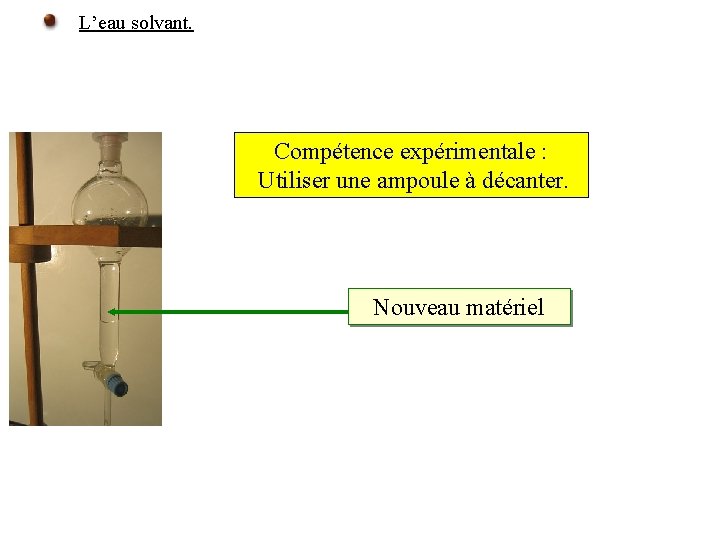 L’eau solvant. Compétence expérimentale : Utiliser une ampoule à décanter. Nouveau matériel 