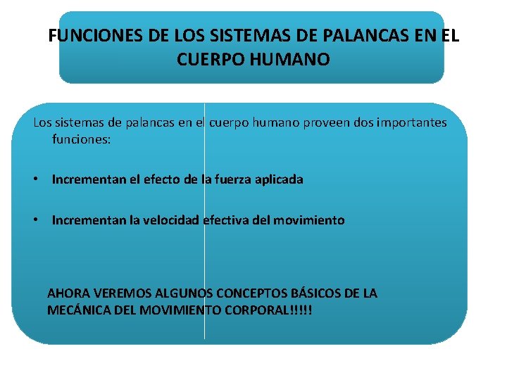 FUNCIONES DE LOS SISTEMAS DE PALANCAS EN EL CUERPO HUMANO Los sistemas de palancas