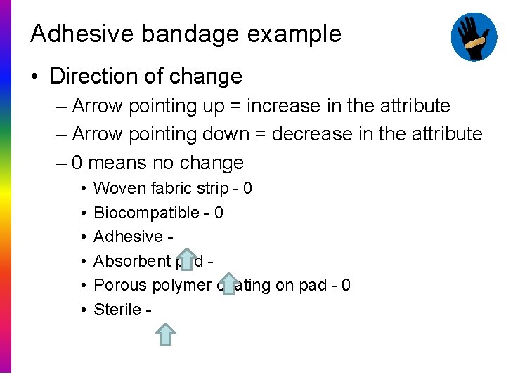 Adhesive bandage example • Direction of change – Arrow pointing up = increase in
