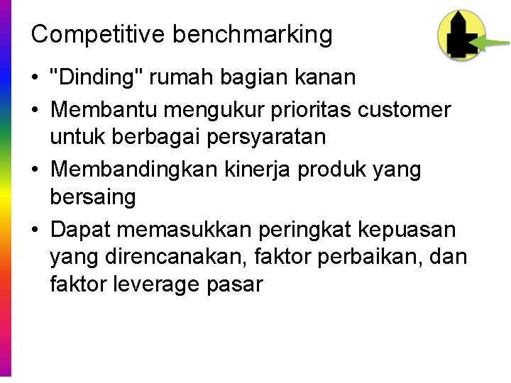 Competitive benchmarking • "Dinding" rumah bagian kanan • Membantu mengukur prioritas customer untuk berbagai