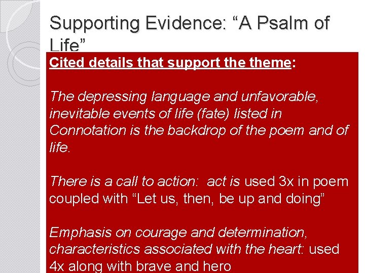 Supporting Evidence: “A Psalm of Life” Cited details that support theme: The depressing language