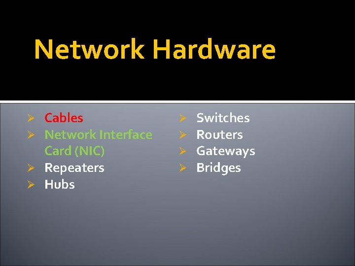 Network Hardware Cables Network Interface Card (NIC) Ø Repeaters Ø Hubs Ø Ø Ø