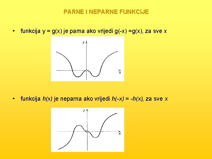PARNE I NEPARNE FUNKCIJE • funkcija y = g(x) je parna ako vrijedi g(-x)