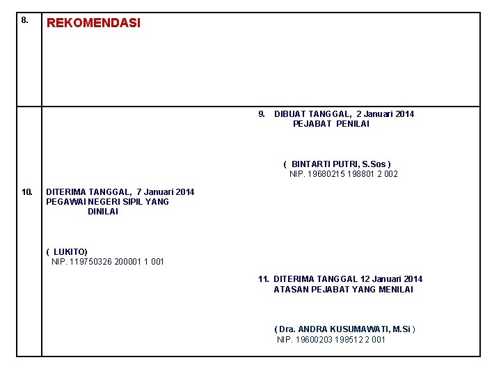 8. REKOMENDASI 9. DIBUAT TANGGAL, 2 Januari 2014 PEJABAT PENILAI ( BINTARTI PUTRI, S.